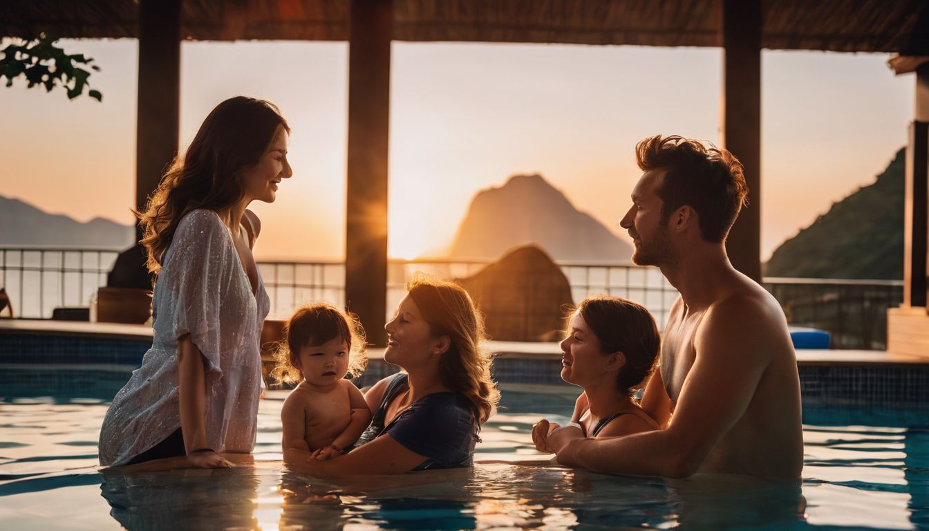 A diverse family enjoys a sunset by the pool at a resort in Quy Nhon.