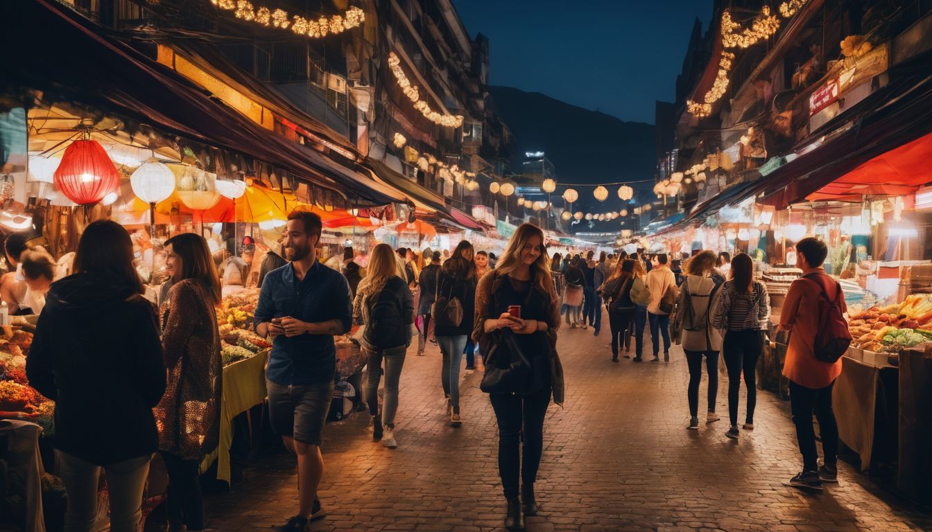 A diverse group of friends explore a bustling night market in a vibrant city.