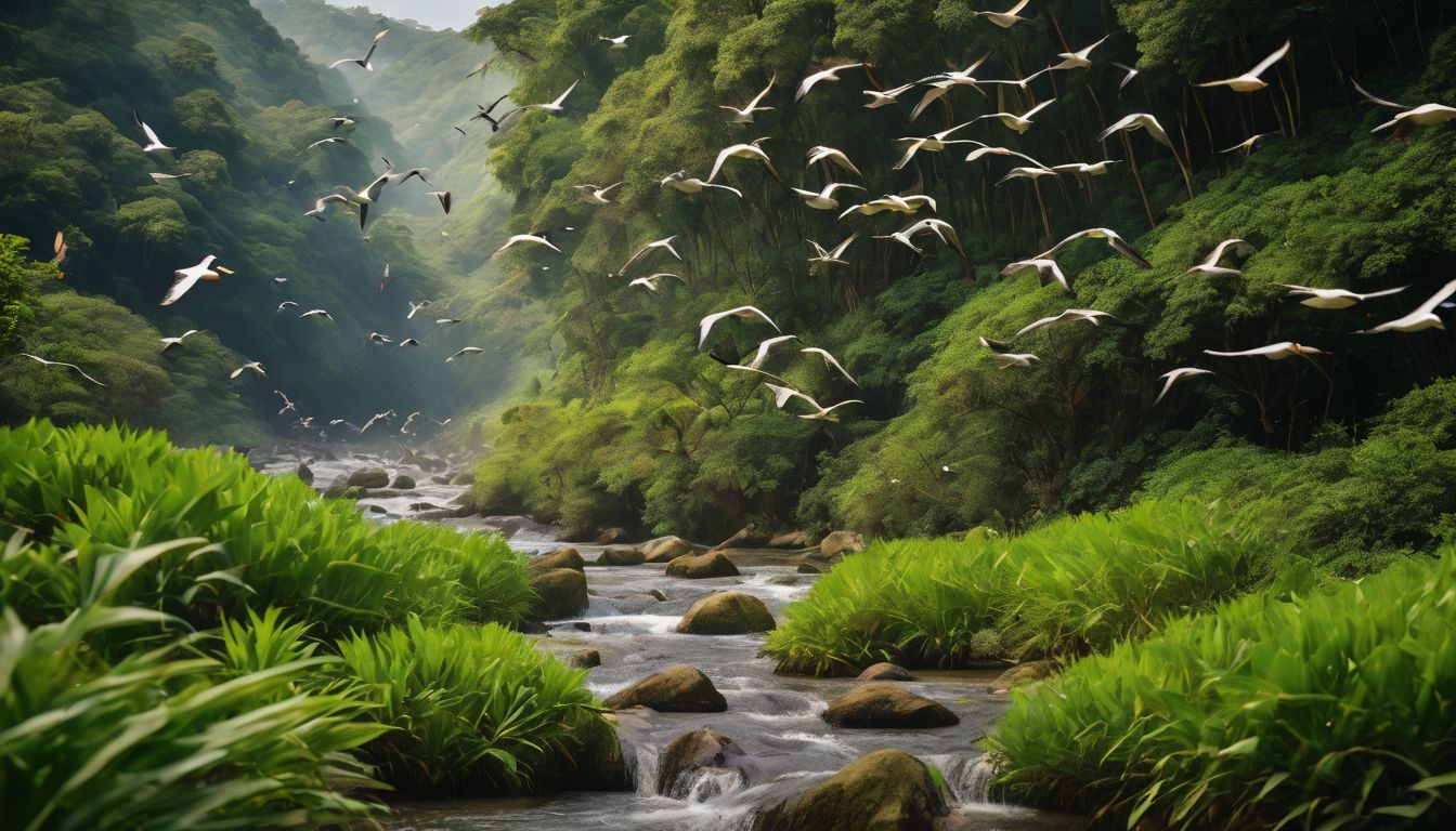 A vibrant flock of birds soar through a lush Vietnamese forest in a bustling, photorealistic scene captured with a DSLR.
