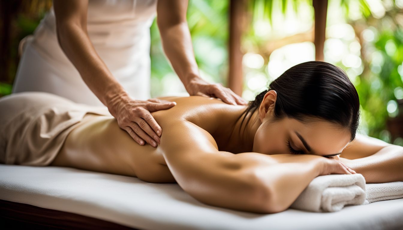 An experienced Thai masseuse performs a traditional Thai massage on a client in a tranquil spa setting.