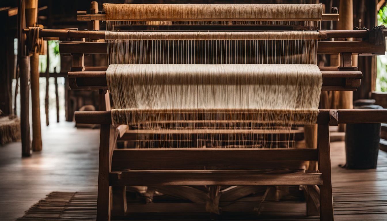 A photo of Thai silk fabric being woven on a traditional wooden loom.