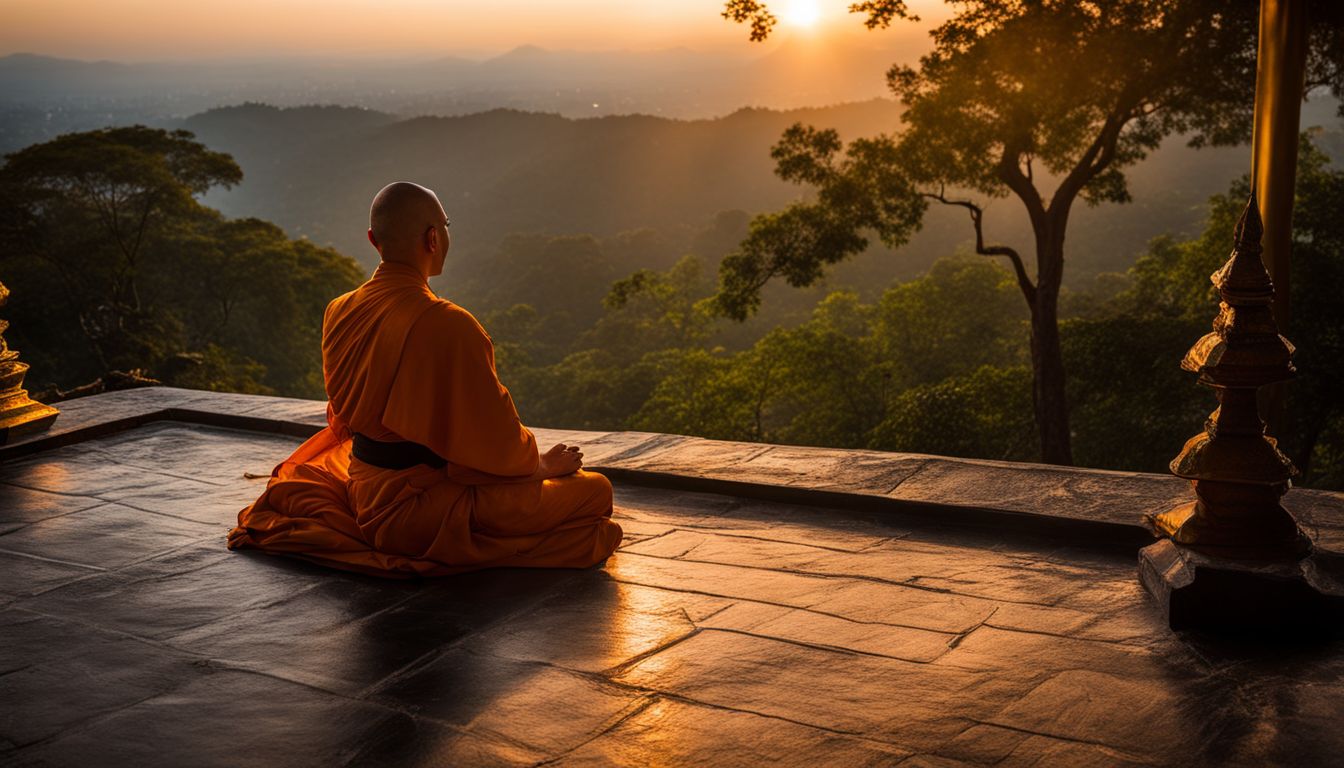 A monk meditates in front of a sunset backdrop at Wat Phra That Doi Suthep.