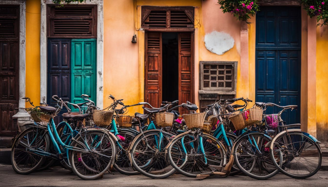 A row of bicycles parked on a colorful street in Hoi An, Vietnam, creating a lively cityscape scene.