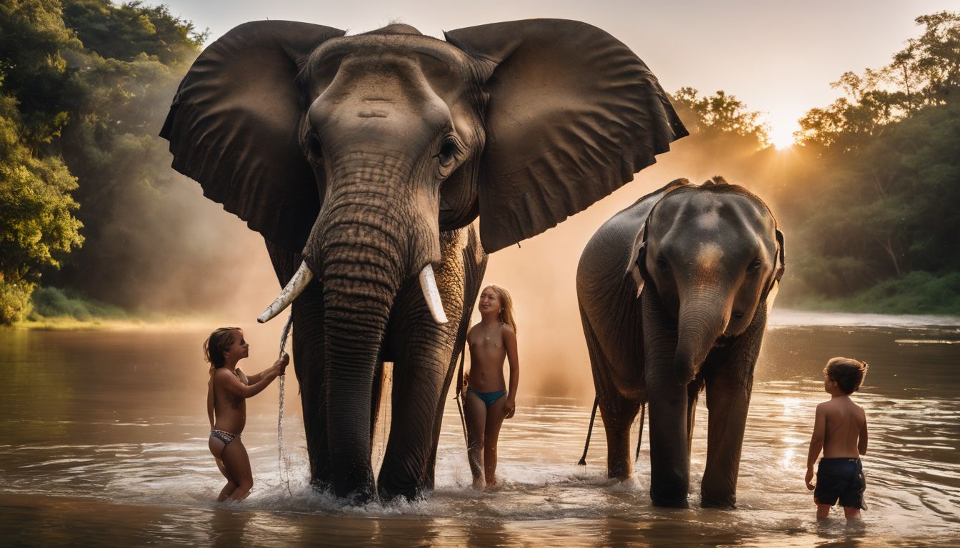 A family poses in front of an elephant, capturing a moment of natural wonder and connection.