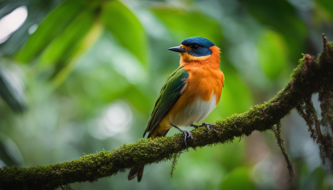 A stunning photograph of a vibrant bird in a lush tropical forest, showcasing different faces and outfits.