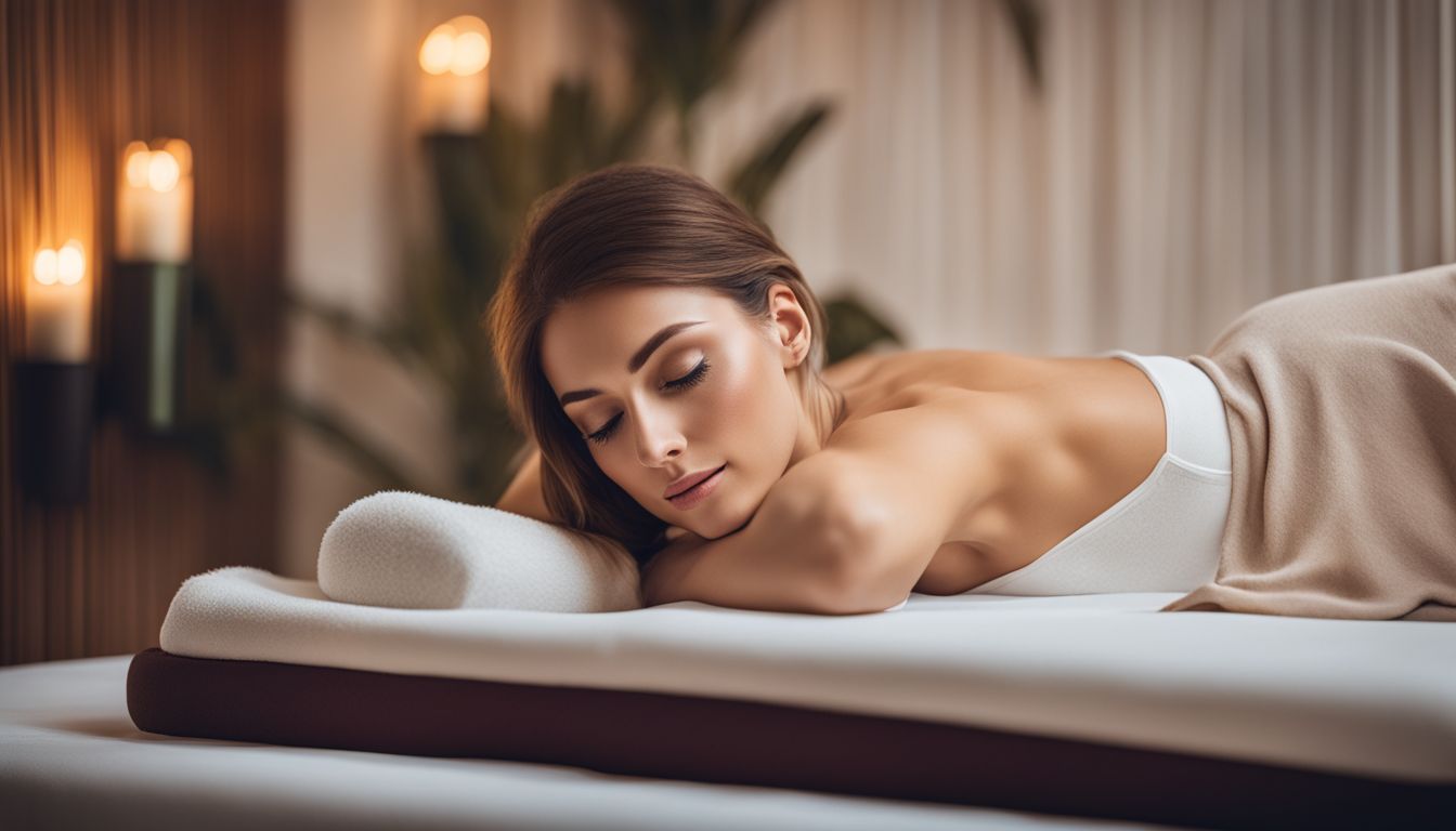 The photo features a woman enjoying a massage surrounded by calming decor in a bustling atmosphere.