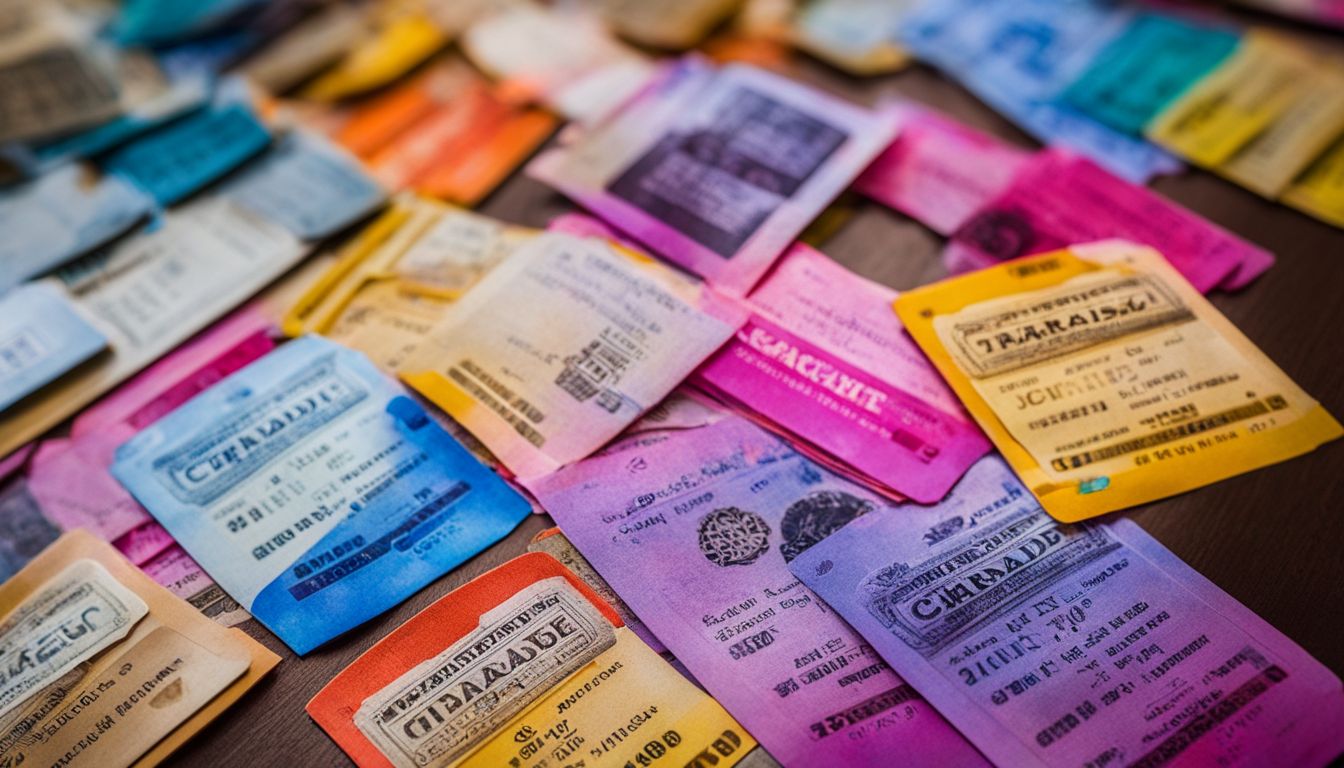 The photo captures colorful tickets for Art in Paradise, surrounded by vibrant artwork in a bustling atmosphere.