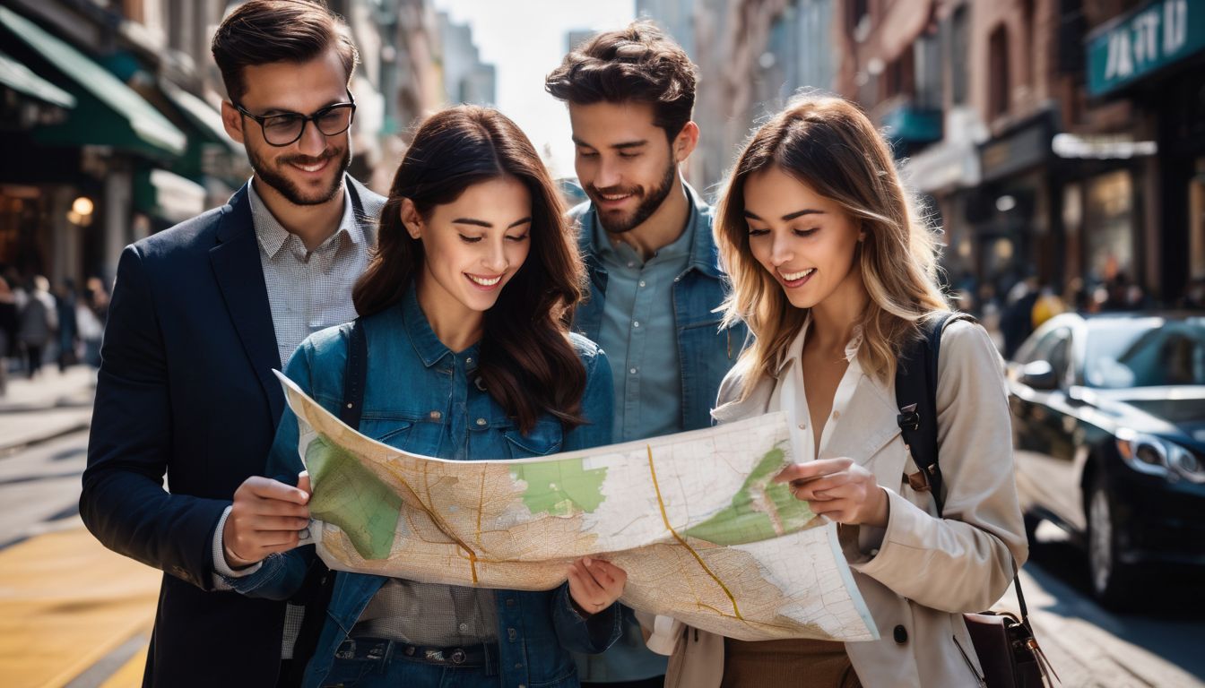A group of diverse people studying a map in a bustling city street.