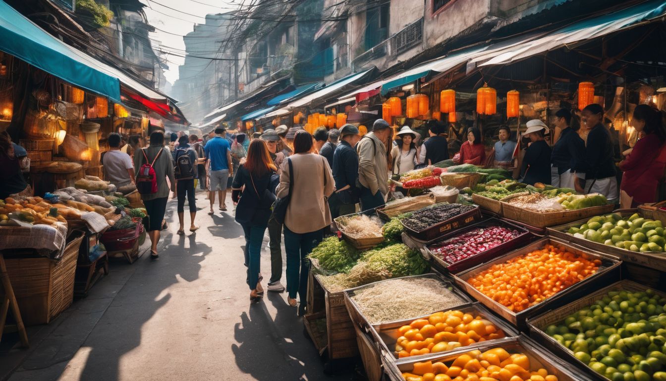 A group of diverse tourists explore a bustling Vietnamese street market.