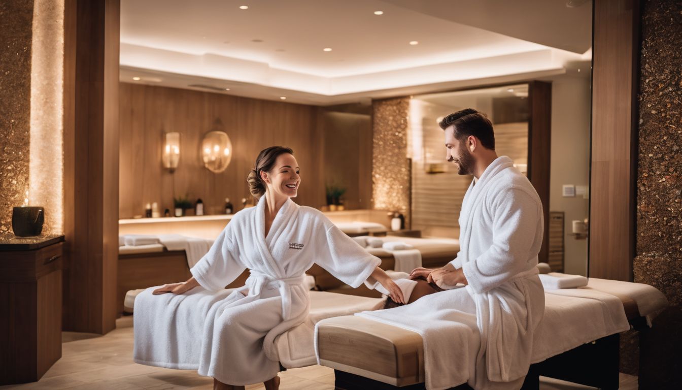A couple enjoying a spa treatment surrounded by luxurious amenities in a bustling atmosphere.