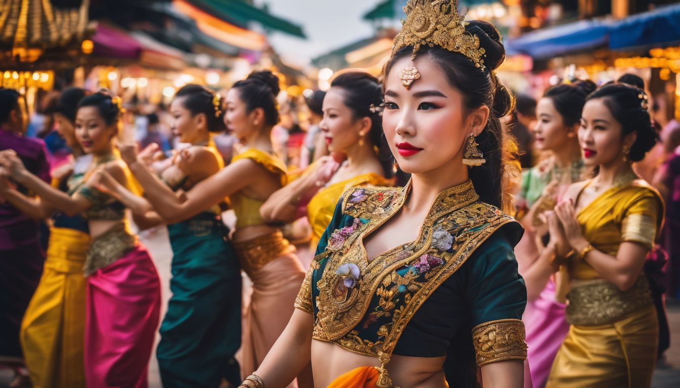 A group of people wearing traditional Thai costumes dancing in front of a vibrant cultural display.