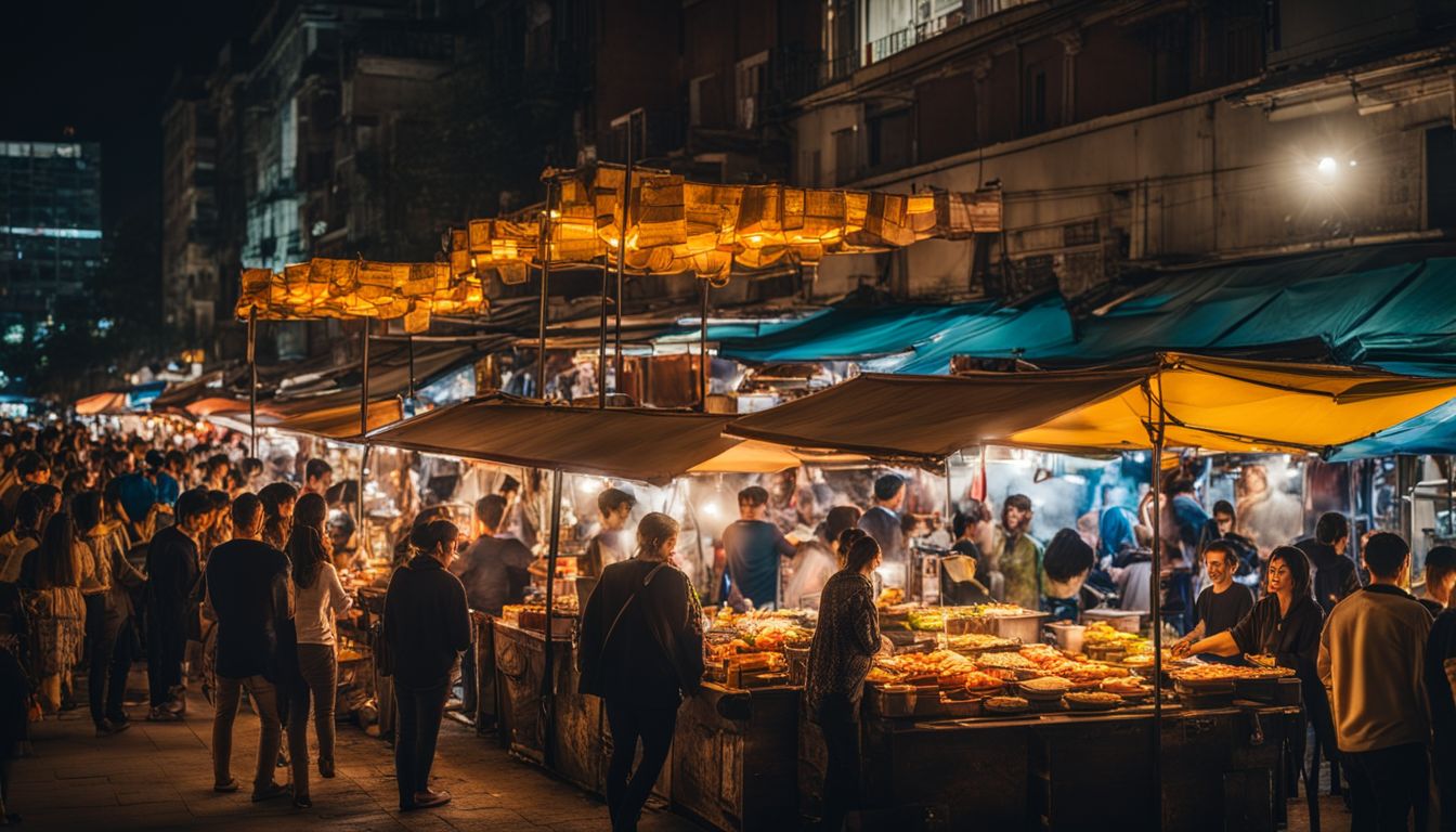 A vibrant night market with a variety of street food stalls and bustling atmosphere captured in a high-quality photograph.