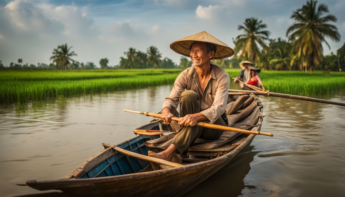 A local fisherman peacefully navigates the scenic waterways of the Mekong Delta in a traditional boat.