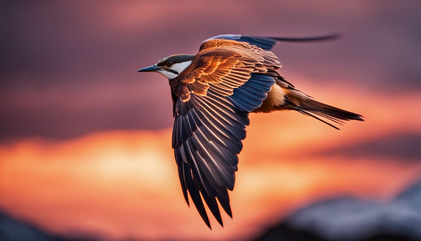 A vibrant sunset sky serves as the backdrop for a close-up shot of a bird in flight.