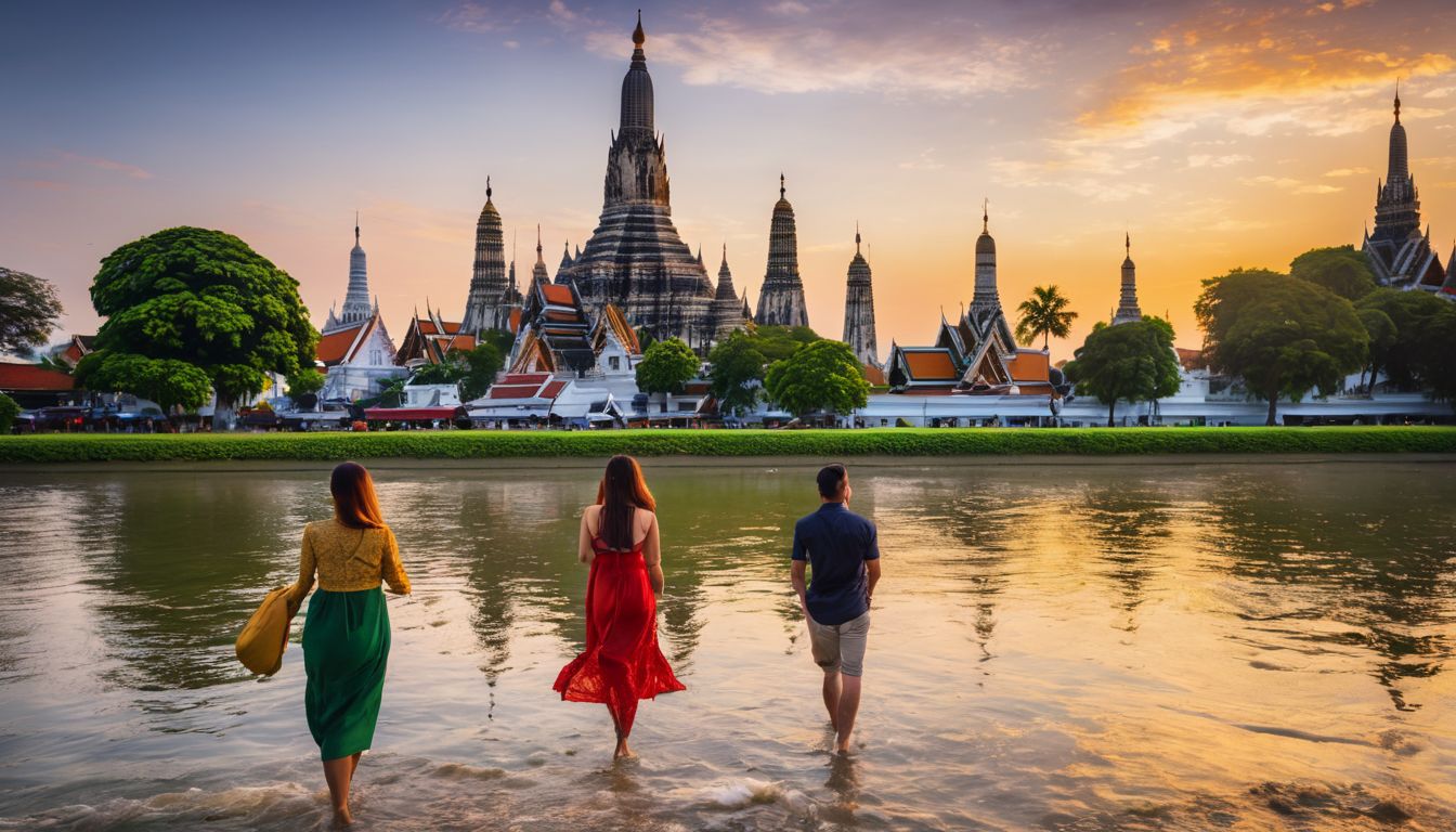 A diverse group of people pose in front of Wat Arun at sunset, with the stunning cityscape as the backdrop.