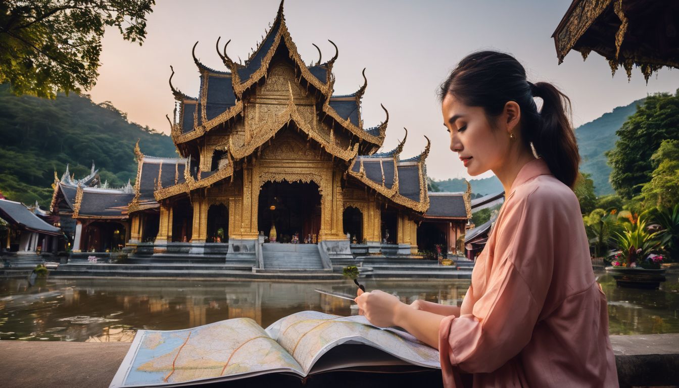 A person is reading a map in front of a beautiful temple in Chiang Rai, Thailand.