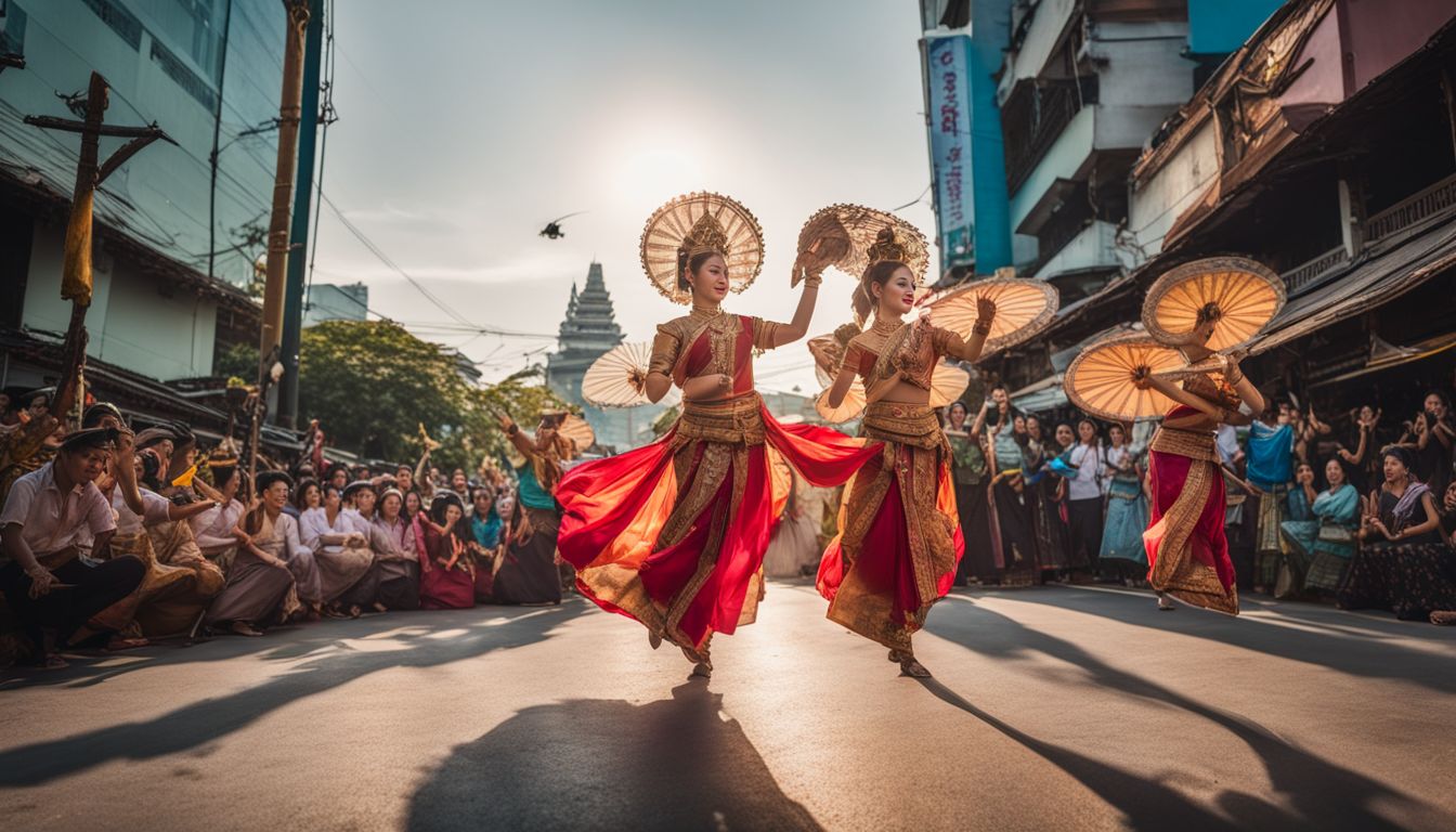 A vibrant street in Bangkok where traditional Thai dancers perform, showcasing different faces, hairstyles, and outfits.