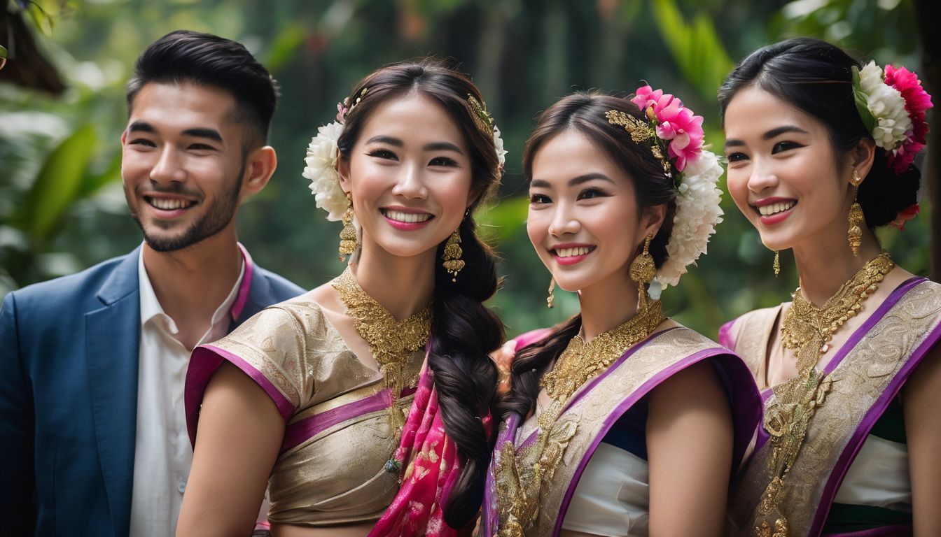 A group of locals in traditional Thai clothing, surrounded by lush greenery, smiling and posing for a photo.