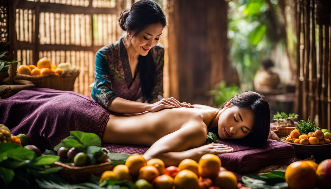 The photo captures a woman receiving a traditional Vietnamese massage surrounded by fruits and herbs.