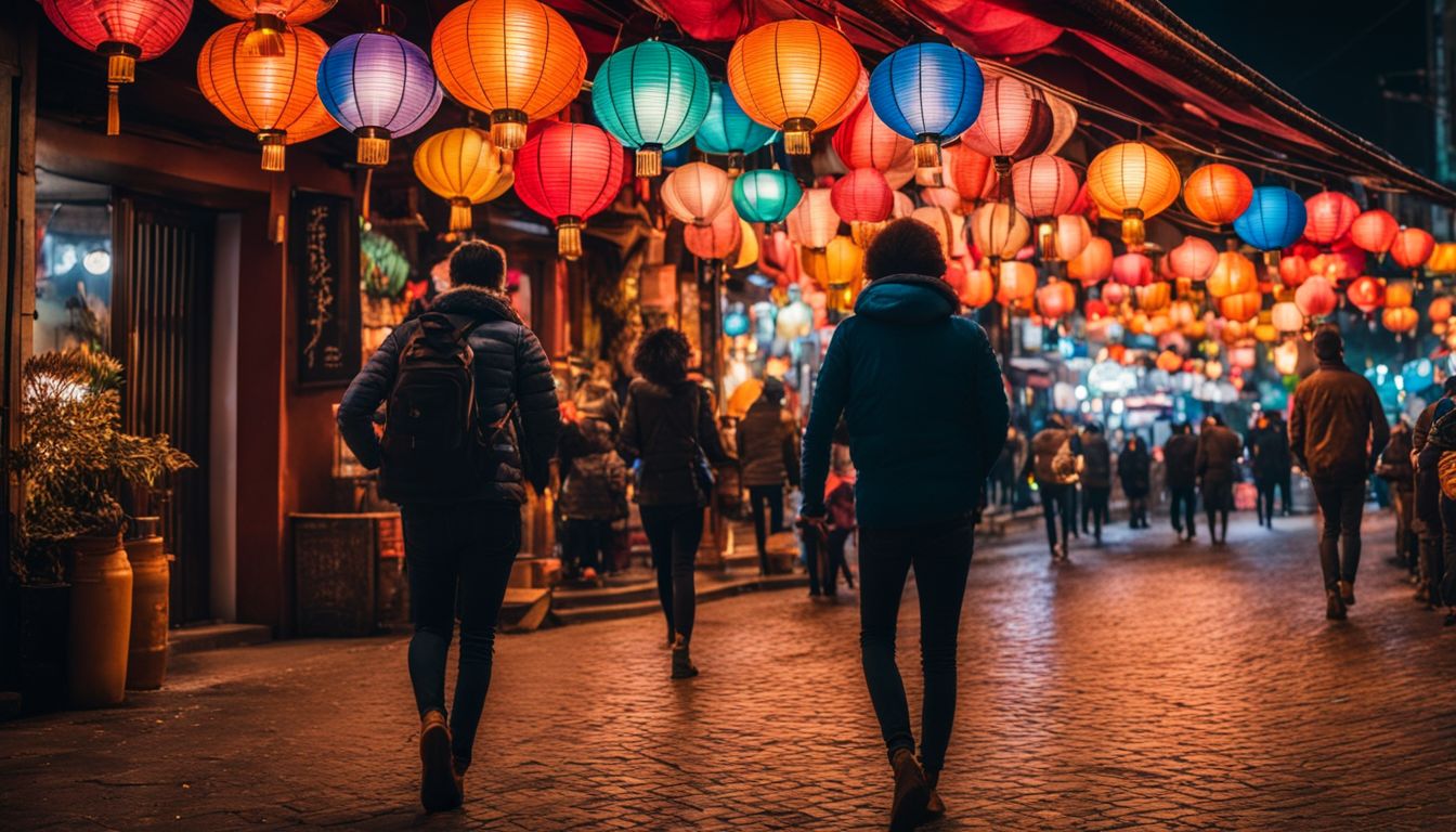 A vibrant cityscape filled with colorful lanterns and diverse people captures the bustling atmosphere of the streets at night.