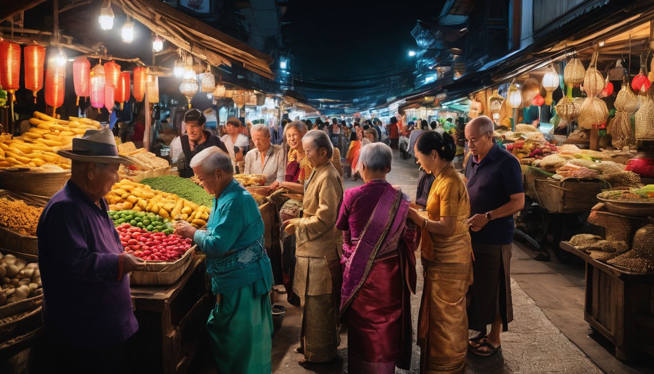 A group of senior travelers in traditional Thai clothing explores a bustling market.