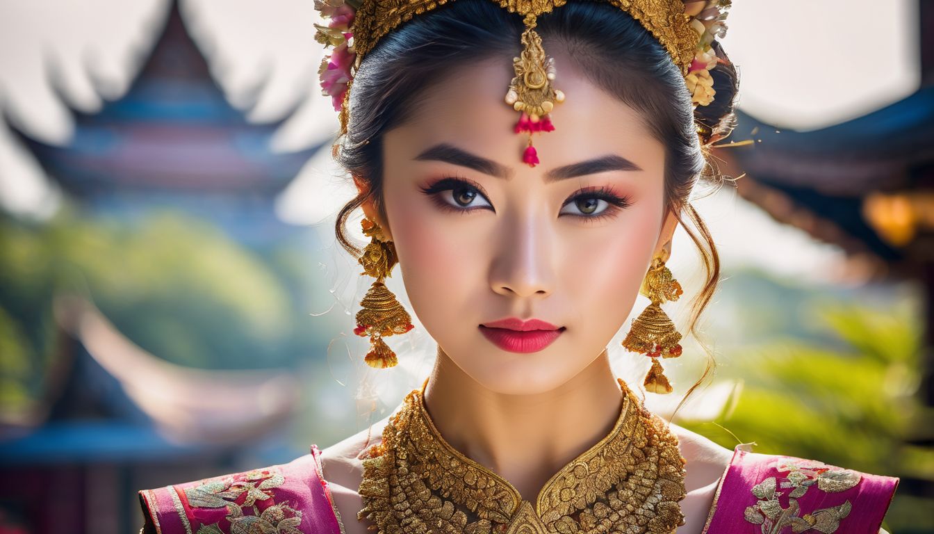 A photo of a Thai dancer in traditional costume surrounded by vibrant temple decorations.