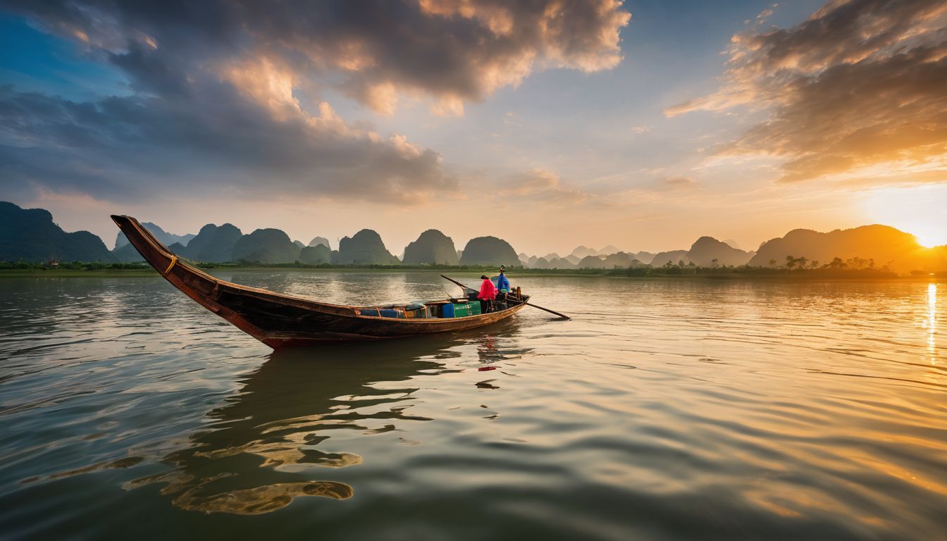 A traditional Vietnamese boat peacefully floats along the Mekong River at golden hour, capturing the bustling atmosphere.