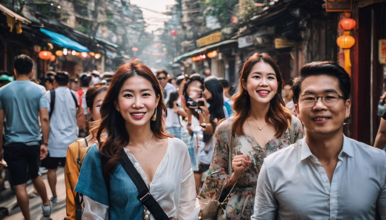 A diverse group of tourists exploring the vibrant streets of Hanoi, captured in a sharp and vibrant photograph.