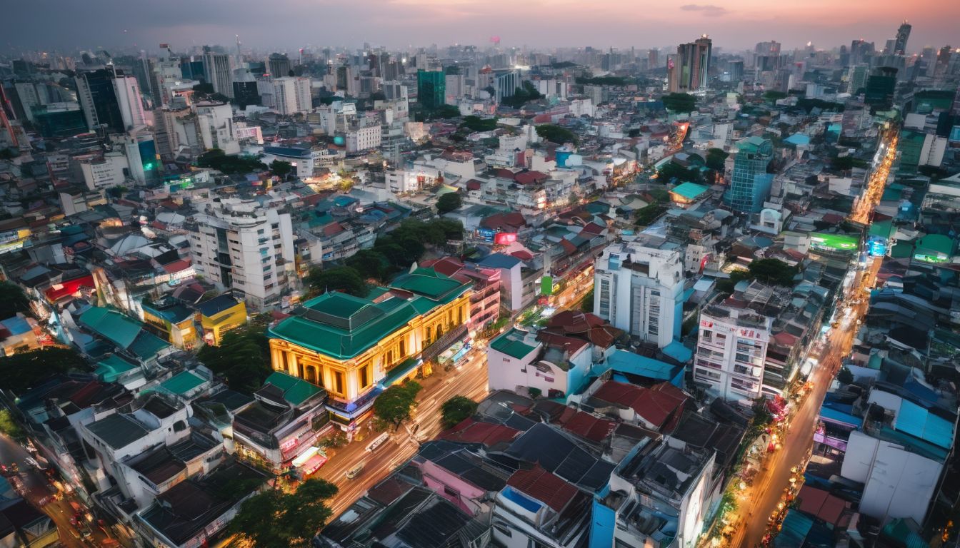 An aerial view of the bustling streets of Saigon capturing the diverse cityscape and vibrant atmosphere.