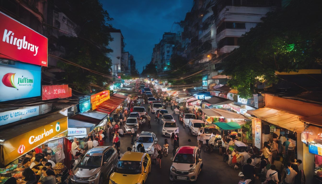 A vibrant nighttime scene in Saigon with bustling streets, street food vendors, and a lively atmosphere.