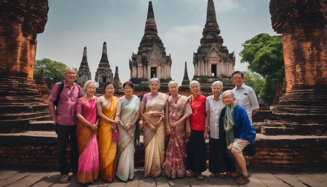 A group of seniors exploring historical landmarks in Ayutthaya, captured in a highly detailed and vibrant photograph.