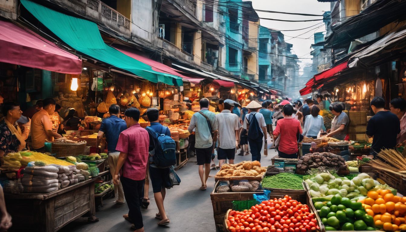 A diverse group of tourists exploring a bustling market in Vietnam captured with a high-quality camera.
