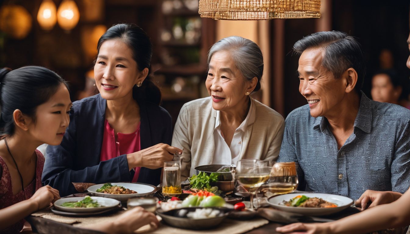 A diverse Thai family gathers around a traditional dining table in a documentary-style photograph.