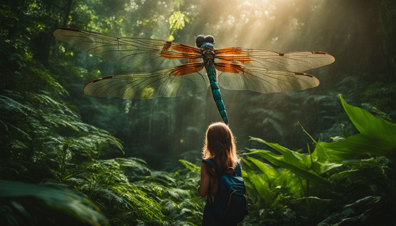 A young girl in awe of a gigantic dragonfly in a lush jungle.