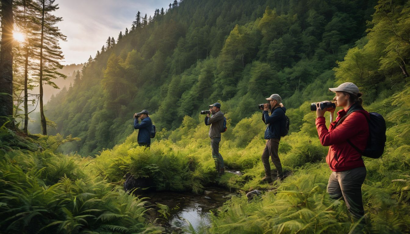A group of bird watchers are observing rare birds in a lush forest.