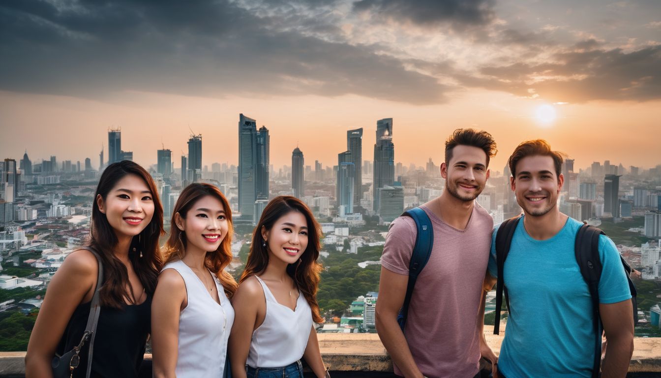 A diverse group of travelers exploring Bangkok with iconic attractions in the background.