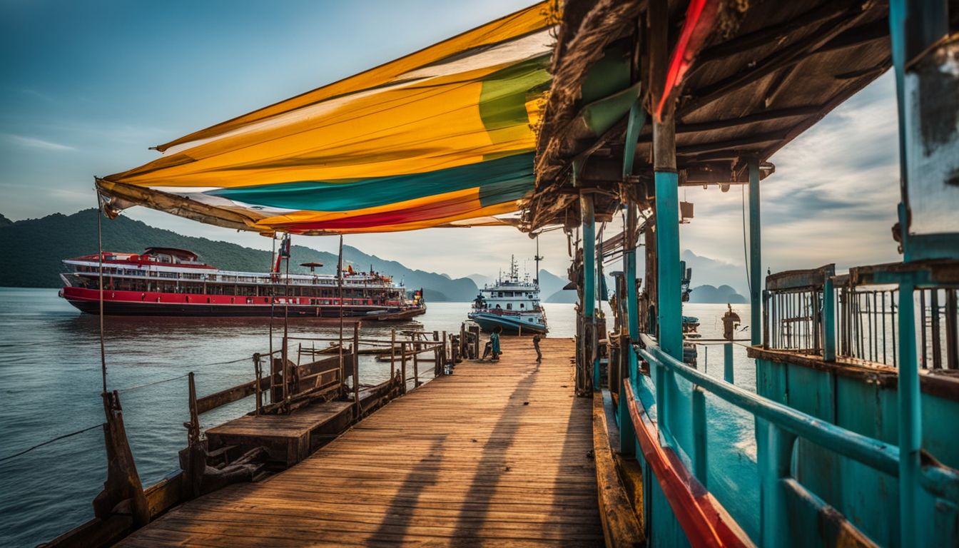 A colorful ferry docked at Ao Thammachat Pier surrounded by bustling piers and clear waters.