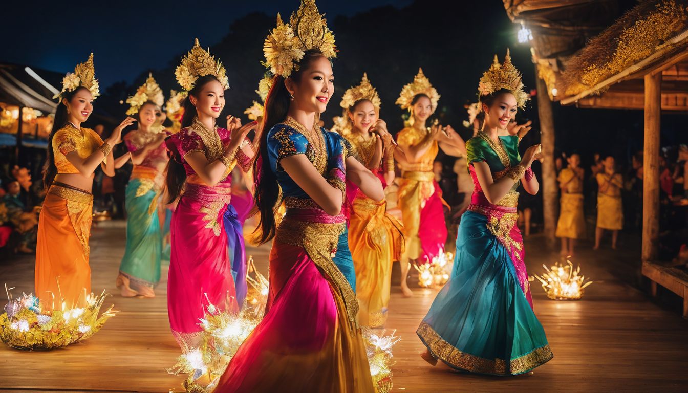 A lively group of dancers in traditional Thai costumes performing at the colorful Loy Krathong festival.