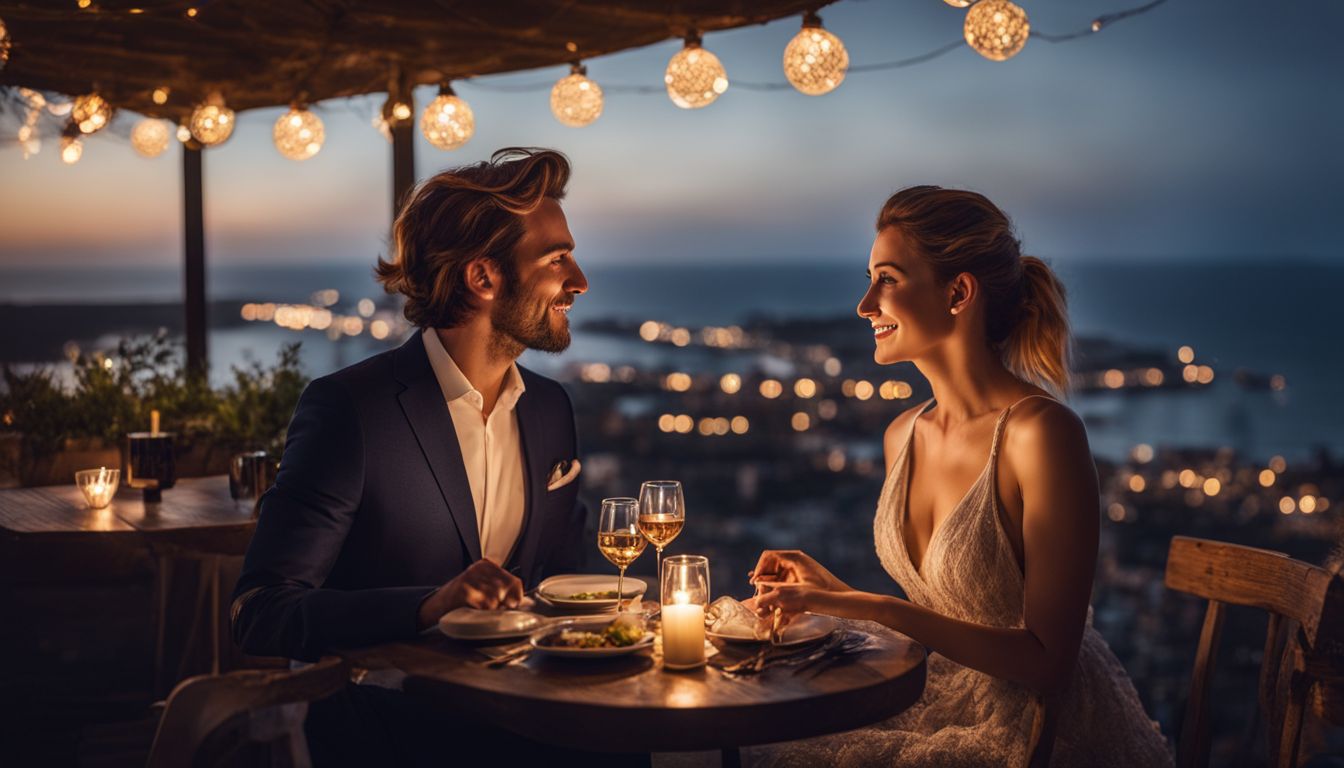 A couple enjoys a romantic dinner on a terrace overlooking the ocean surrounded by twinkling lights.