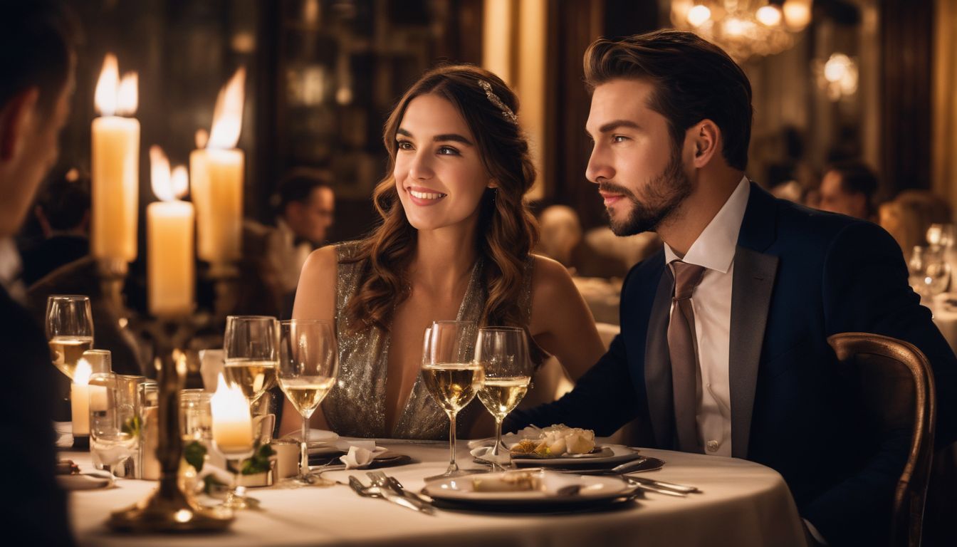 A couple enjoying a romantic candlelit dinner at a luxurious fine dining restaurant.