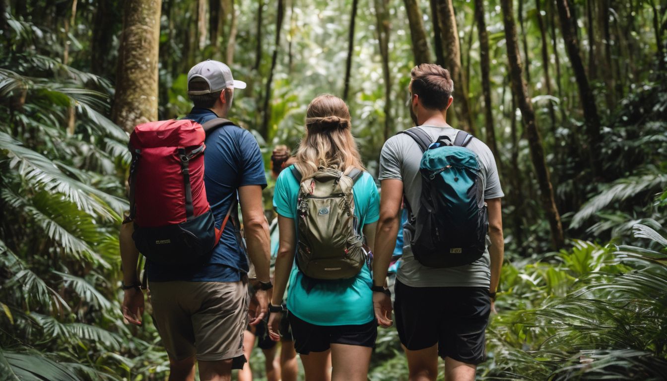 A diverse group of hikers explores the lush trails of Koh Chang in a bustling and vibrant atmosphere.