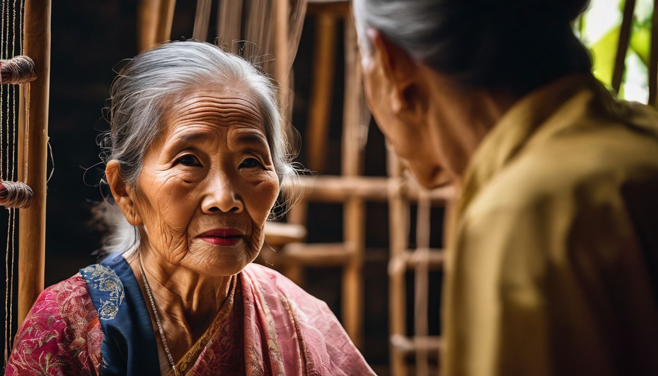 An elderly Thai woman shares ancient folk tales by a traditional Thai silk loom in a studio portrait.