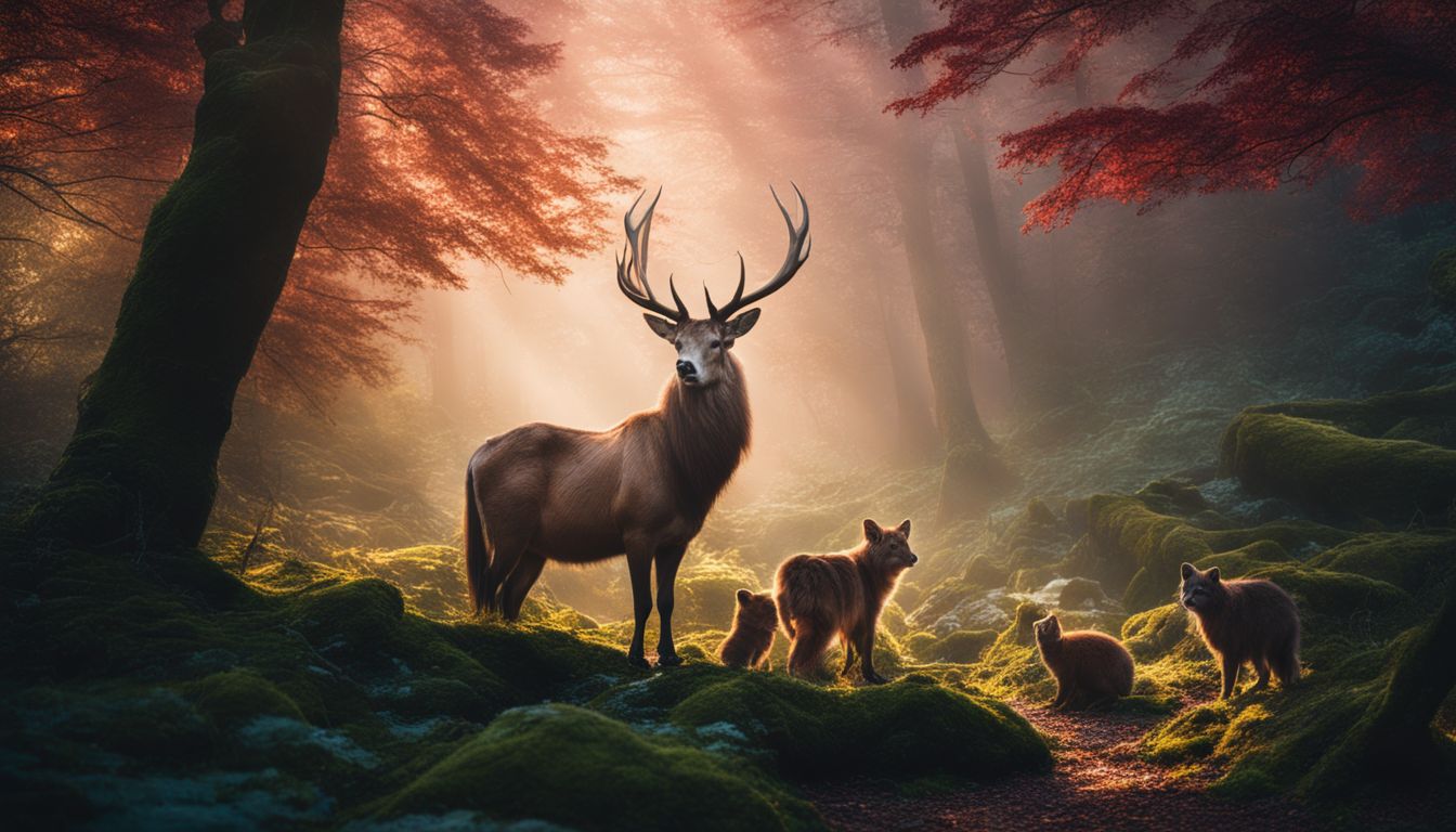 A magical forest filled with diverse creatures and enchanting beings captured in stunning detail and vibrant colors.