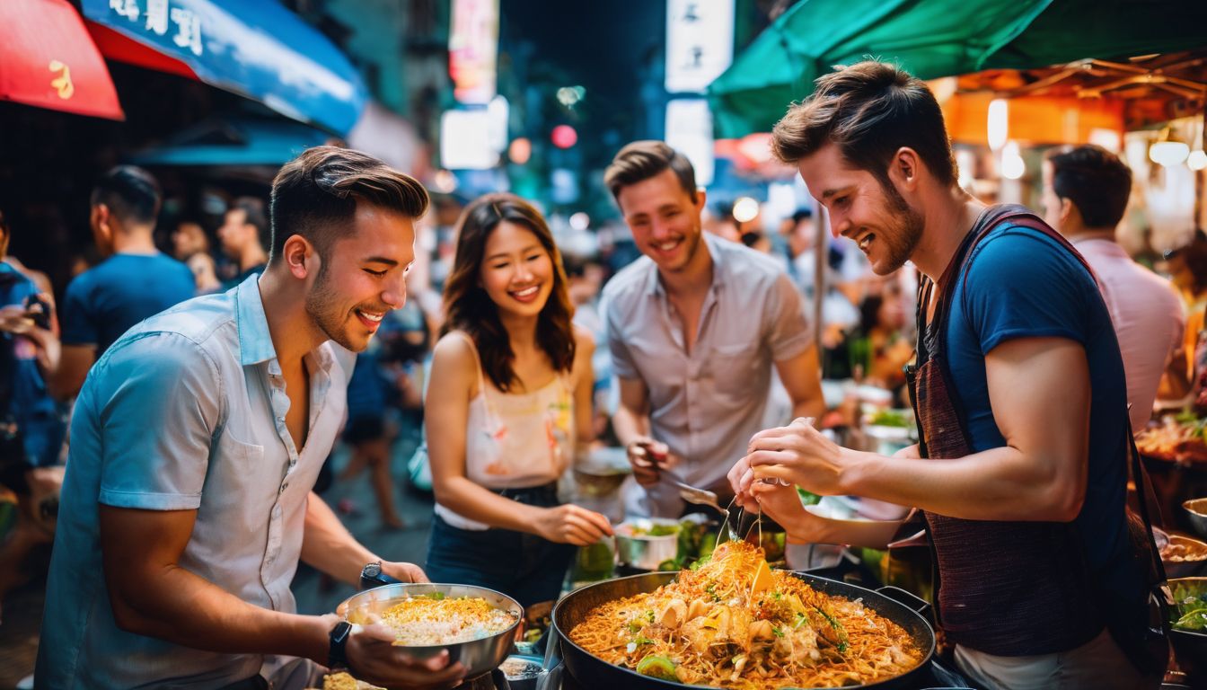 A diverse group of friends enjoy a street food tour in Saigon, surrounded by colorful food stalls.
