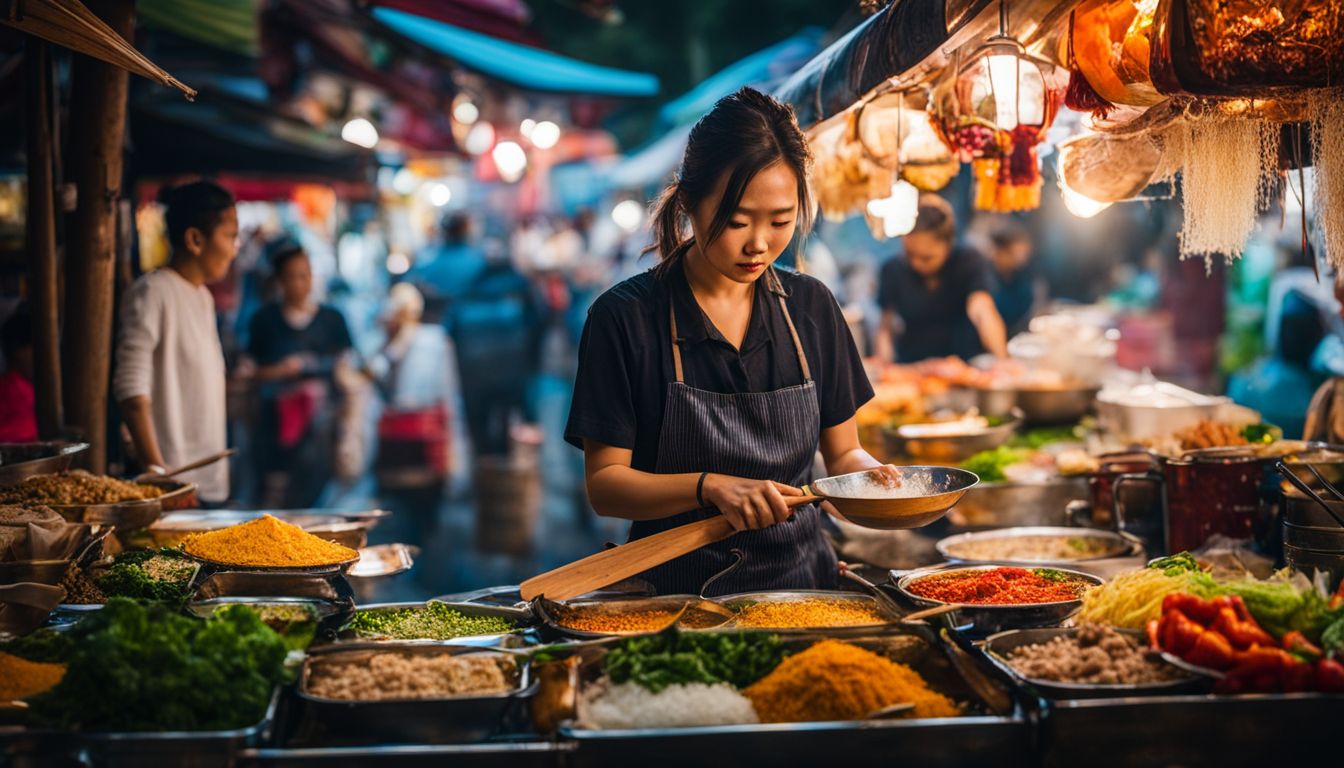 A street food vendor prepares a delicious Vietnamese dish surrounded by colorful ingredients in a bustling atmosphere.