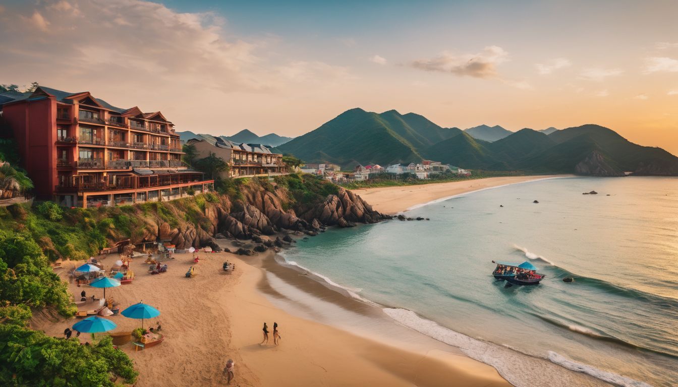 A diverse group of people enjoying a beachside resort in Quy Nhon, Vietnam.