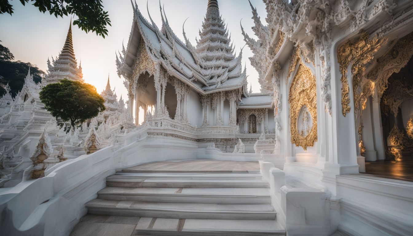 A photo of the White Temple of Chiang Rai surrounded by diverse individuals and featuring stunning landscape photography.