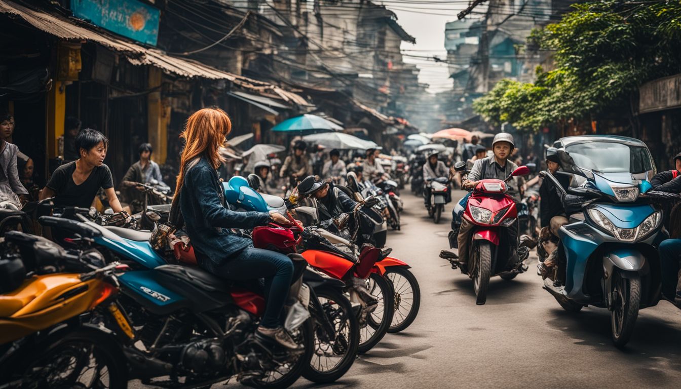 A busy city street in Vietnam captured in a vibrant and bustling photograph.