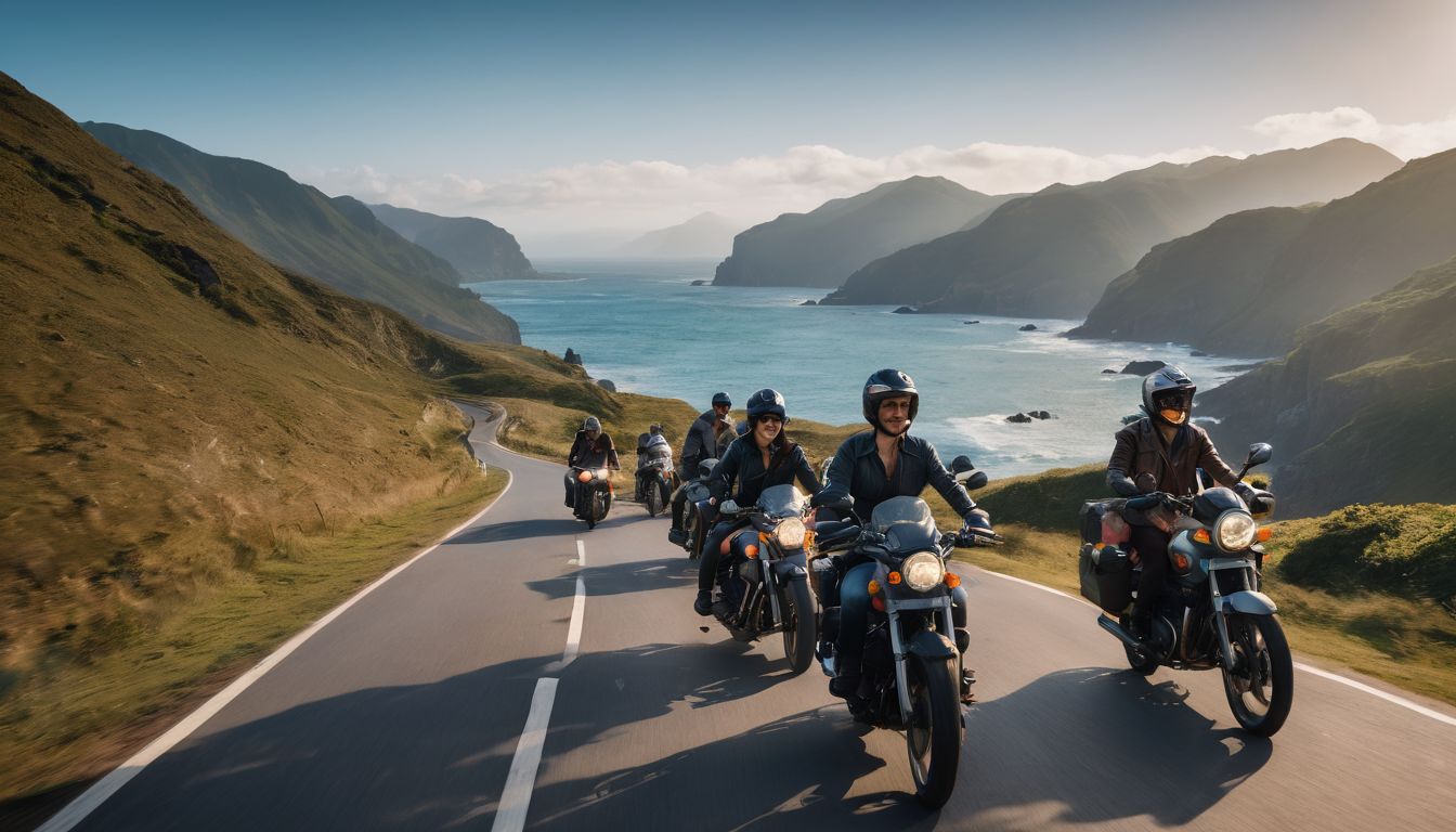A diverse group of travelers ride motorbikes along a stunning coastal road, capturing the beauty of the landscape.
