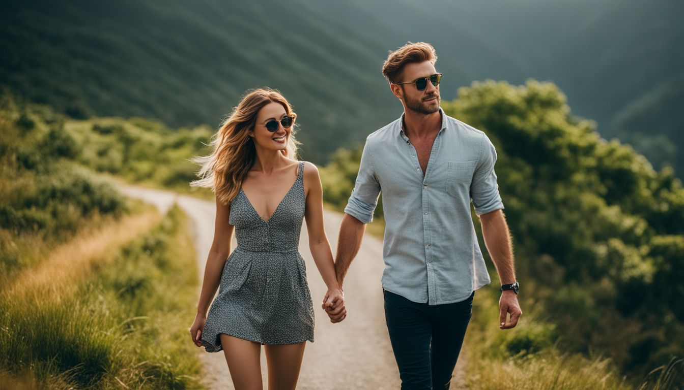 A couple walking hand in hand on a scenic road surrounded by lush greenery.